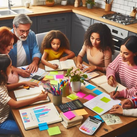 Familia planificando su presupuesto en casa