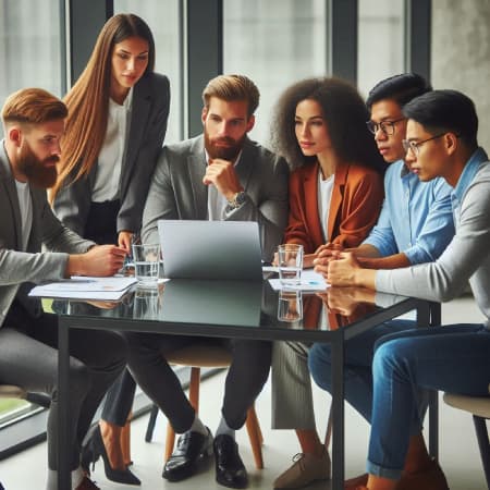 Grupo de emprendedores discutiendo en una oficina moderna