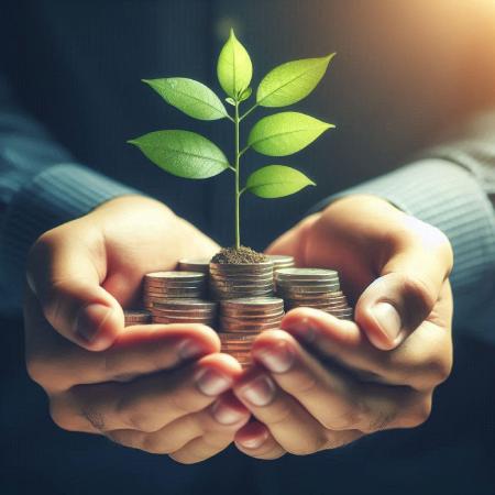 Manos sosteniendo una planta que crece sobre monedas