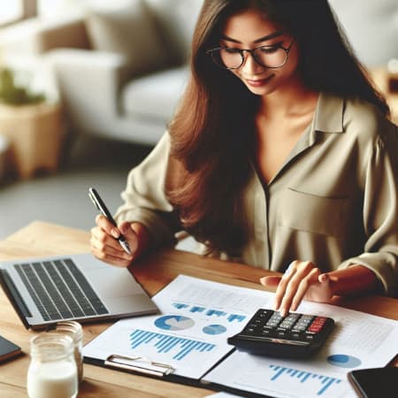 Persona revisando un plan financiero con una calculadora y gráficos