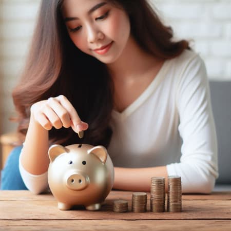 Persona colocando monedas en una alcancía